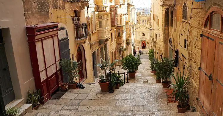 Eine schmale Gasse führt über einige Stiegen durch die Altstadthäuser von Valletta, in Malta. Die Häuser sind aus sandfarbenen Steinen gebaut, links und rechts stehen Blumentöpfe mit grünen Plfanzen.