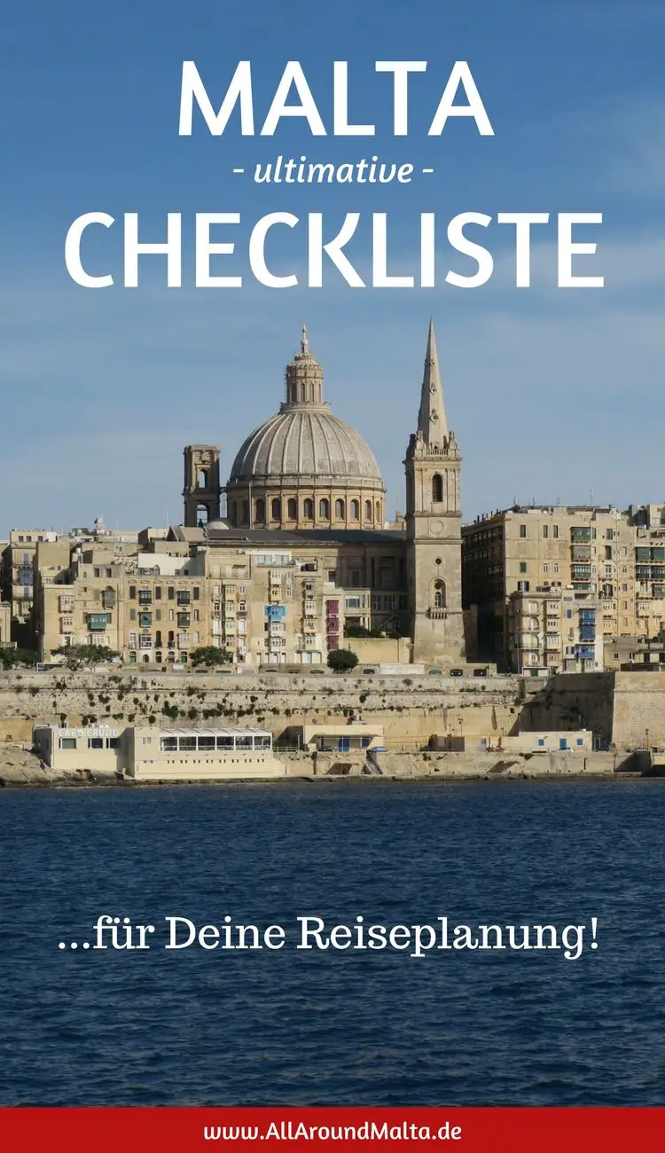 Grafik mit einem Bild von Maltas Hauptstadt Valletta und der Aufschrift: Malta - ultimative - Checkliste - ... für Deine Reiseplanung!